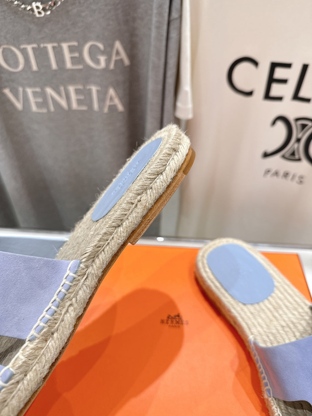 LIGHT BLUE ESPADRILLE STYLE SLIDE SANDALS