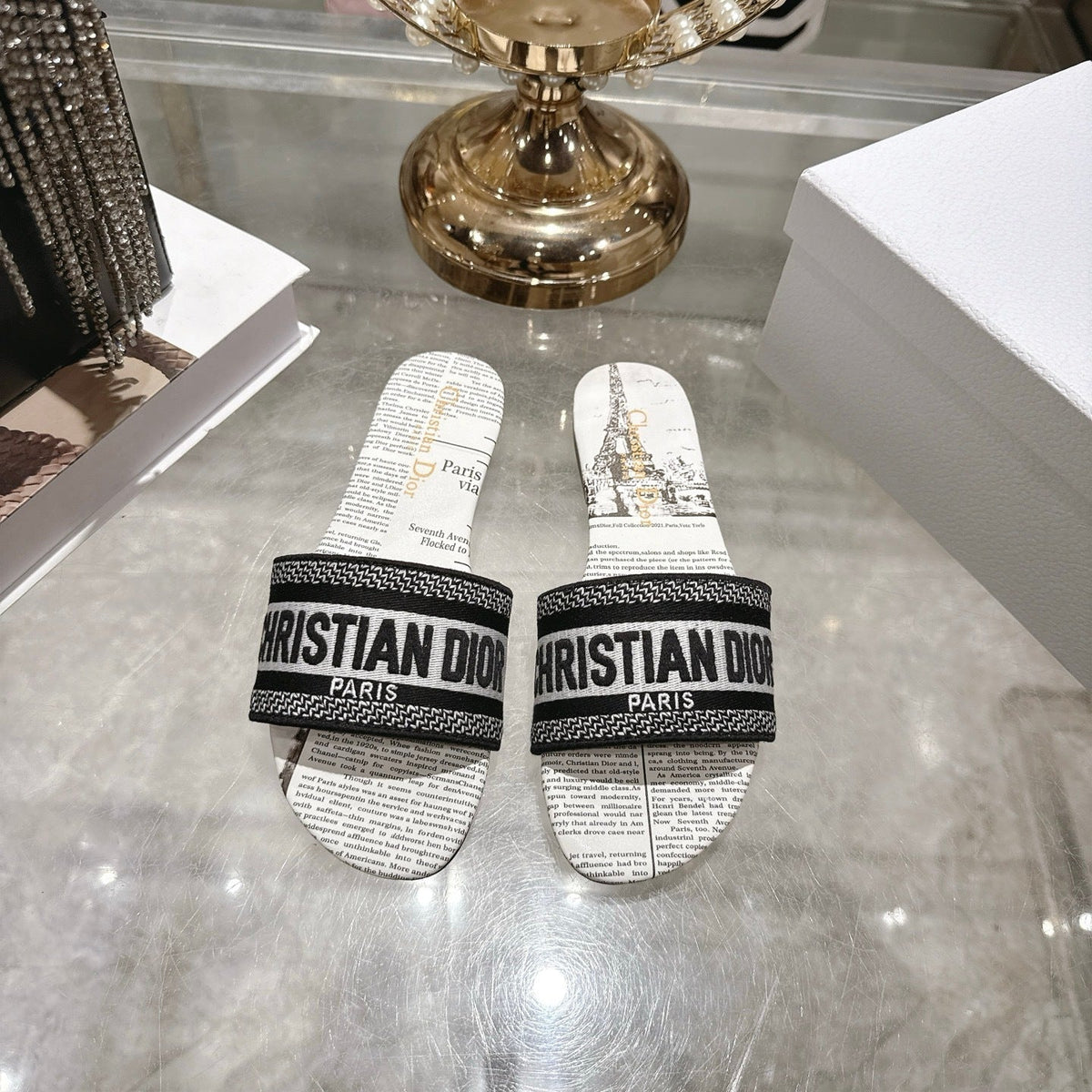 PARIS PRINT LOGO STRAP SLIDE SANDALS
