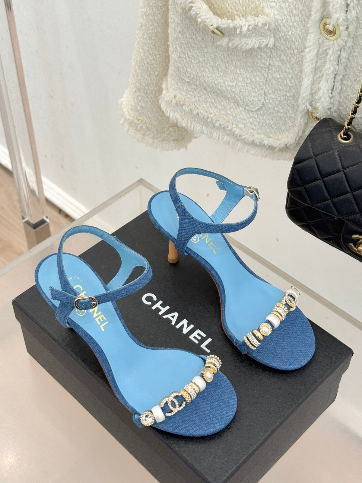 BLUE EMBELLISHED STRAPPY HEEL SANDALS