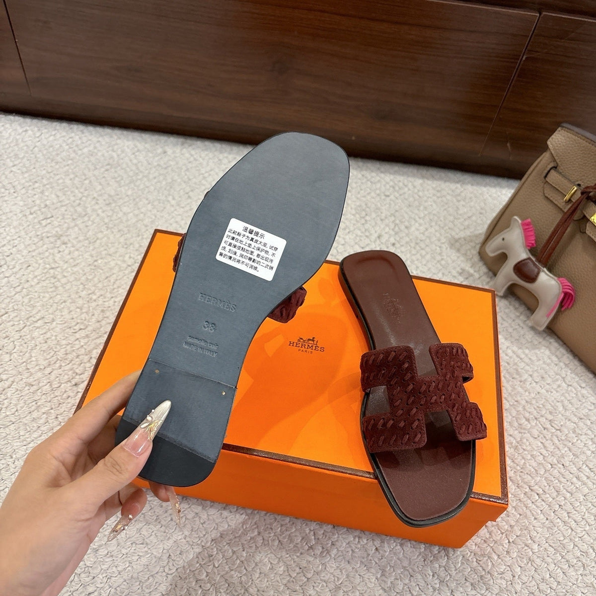 DARK BROWN SUEDE SLIDE SANDALS