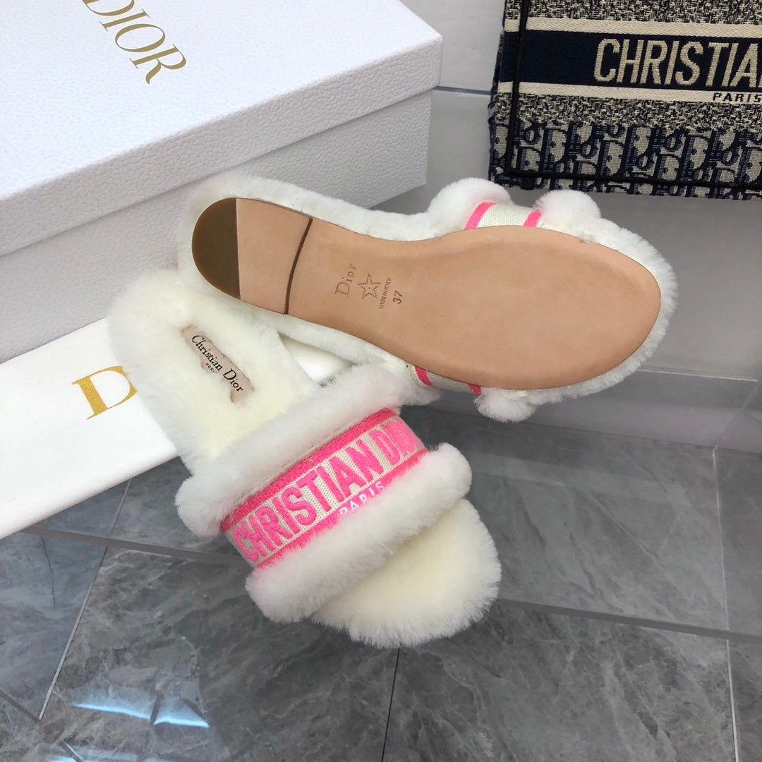 FUR TRIM LOGO STRAP SLIDE SANDALS