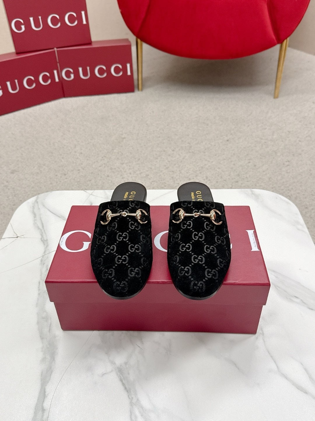 BLACK MONOGRAM VELVET HORSEBIT MULES