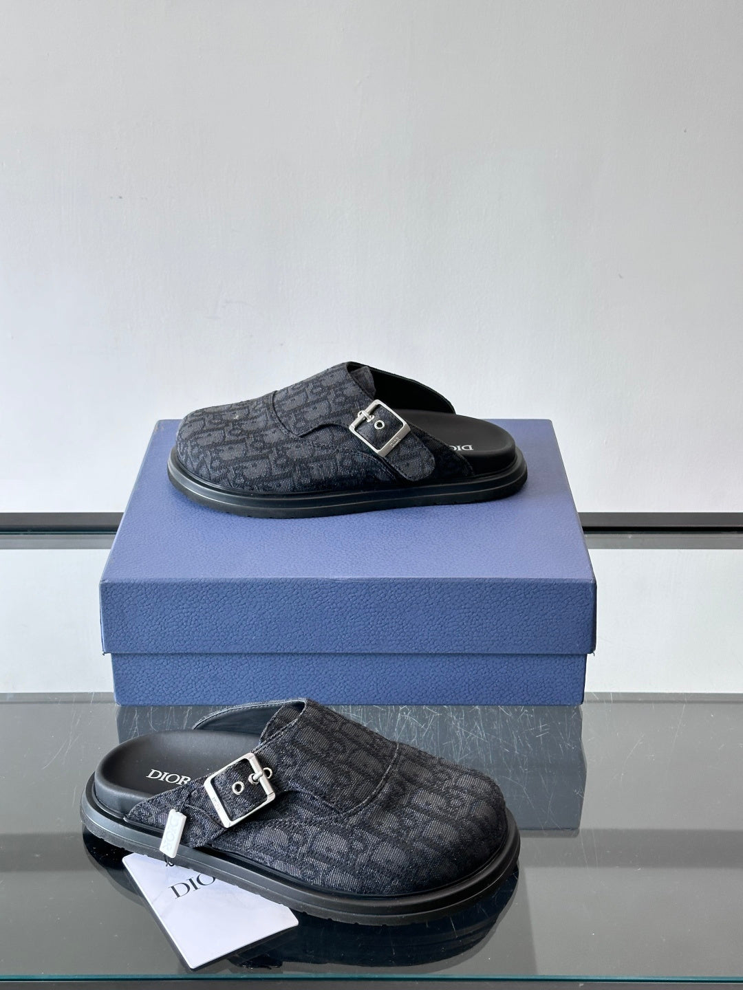 DARK MONOGRAM DESIGNER SLIDE MULES WITH METAL BUCKLE
