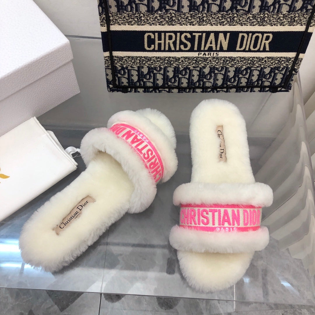 FUR TRIM LOGO STRAP SLIDE SANDALS