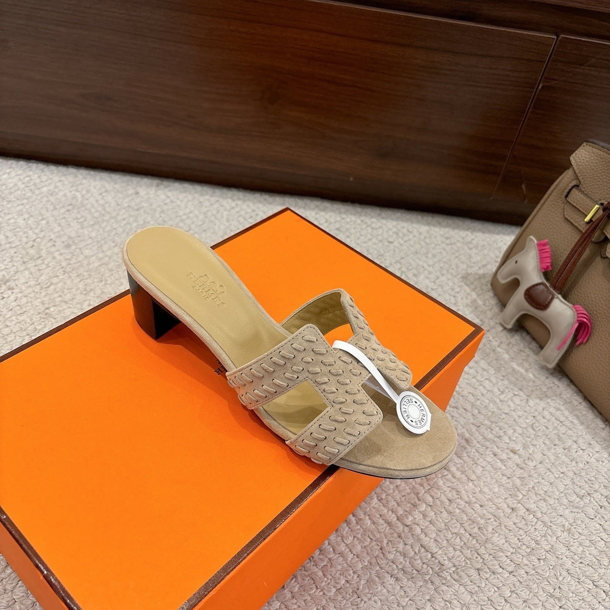 SAND BEIGE SUEDE HEELED SLIDE SANDALS