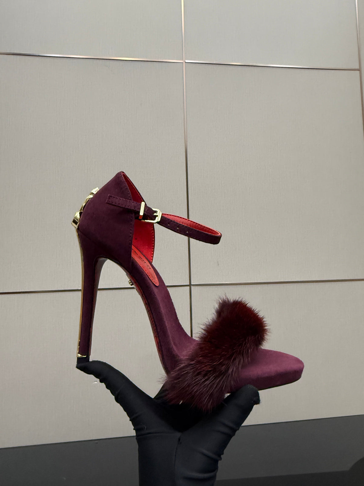 SUEDE FUR-TRIM STILETTO SANDALS – PLUM WINE EDITION
