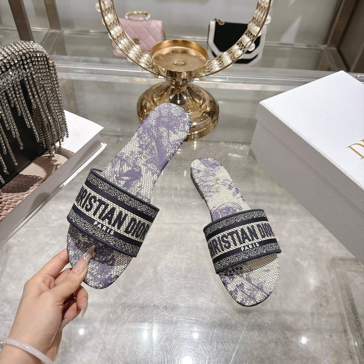 OBLIQUE LOGO CANVAS SLIDE SANDALS
