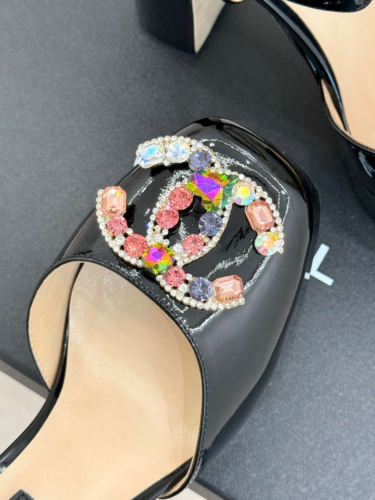 BLACK PATENT PLATFORM CRYSTAL HEELS