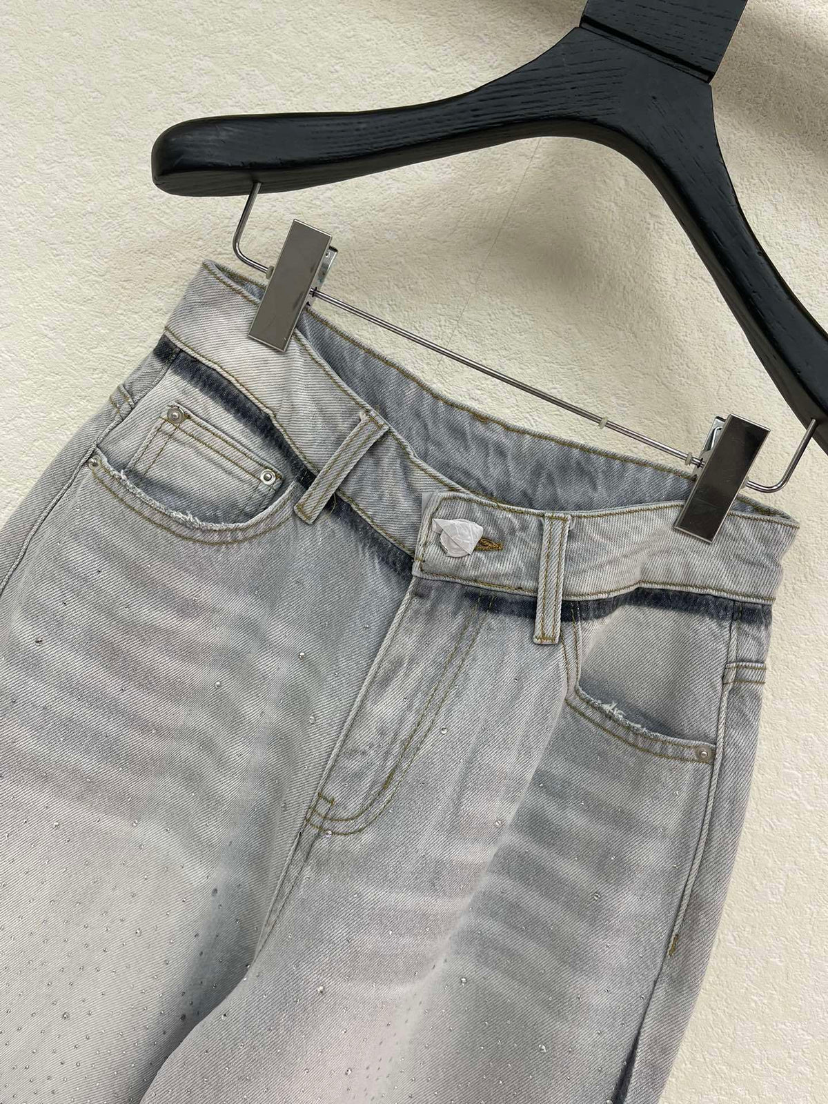 CRYSTAL EMBELLISHED WIDE LEG DENIM JEANS