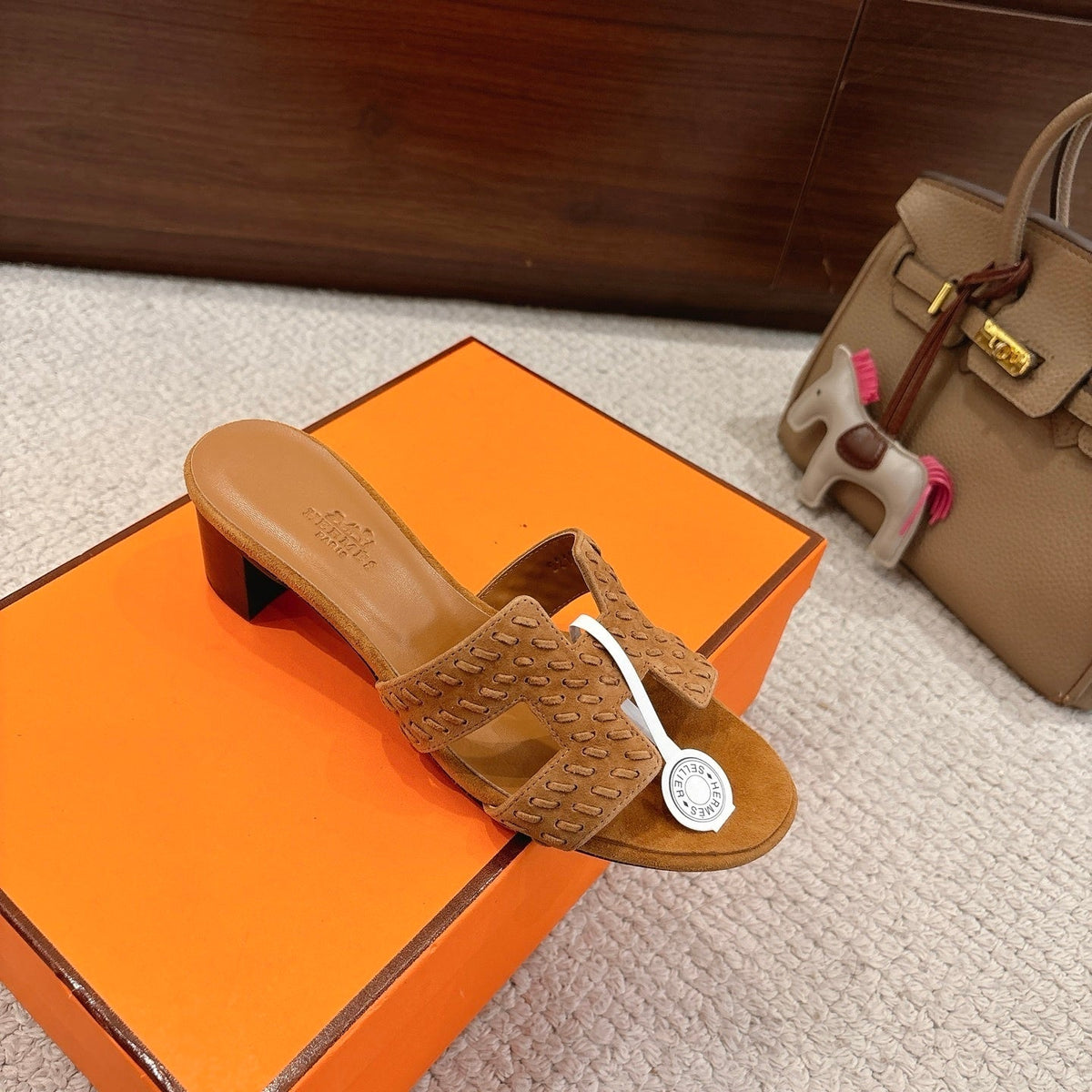 TAN SUEDE HEELED SLIDE SANDALS