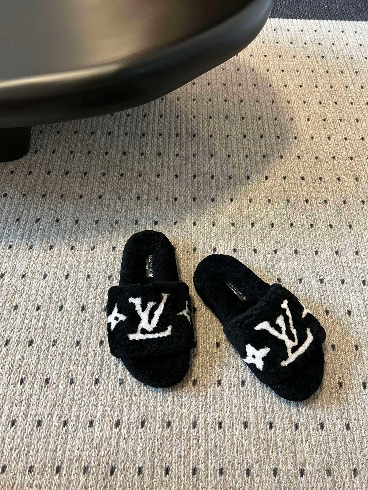COZY MONOGRAM FUR SLIDE SLIPPERS