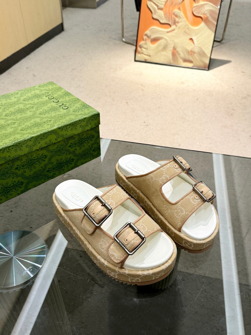 BEIGE MONOGRAM DOUBLE-STRAP SANDALS