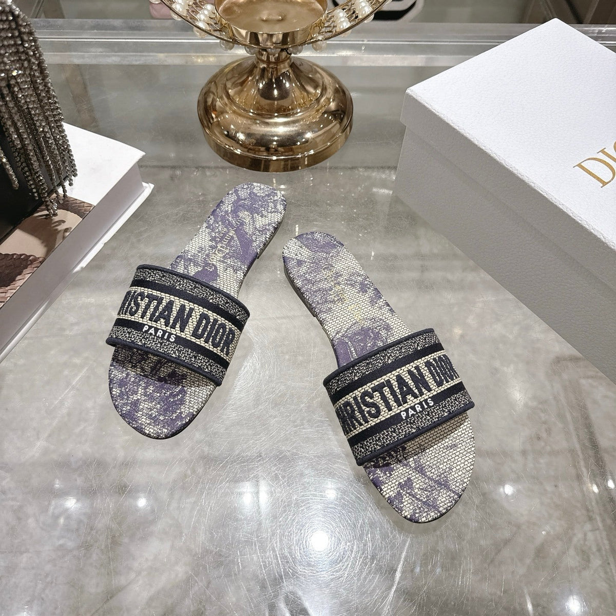 OBLIQUE LOGO CANVAS SLIDE SANDALS