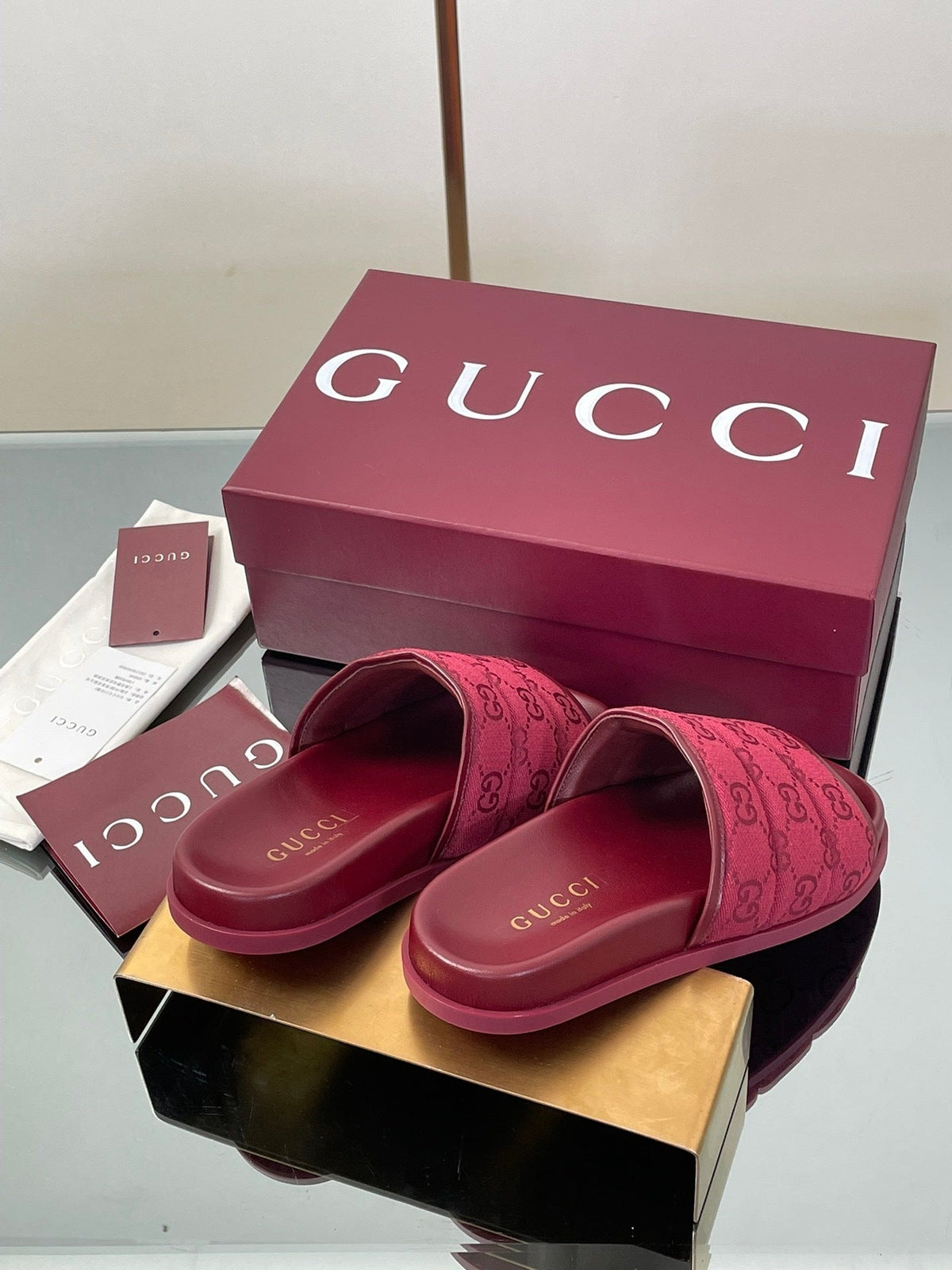 RED PADDED SLIDE SANDALS