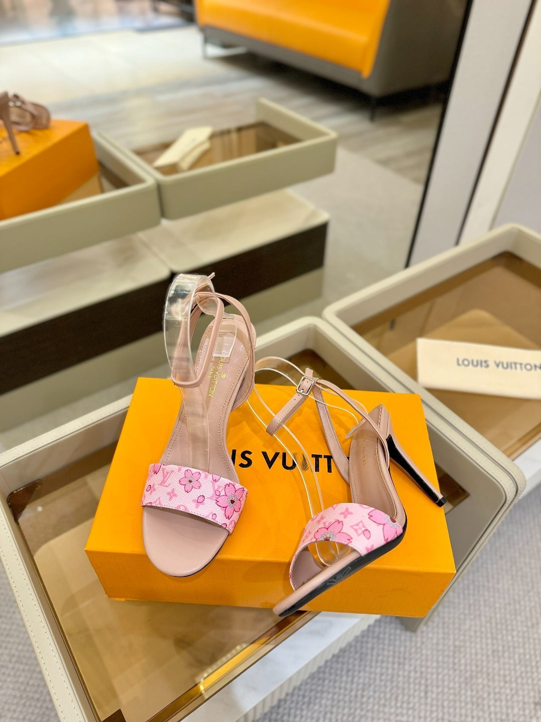 FLORAL PRINT STRAP STILETTO SANDALS – BLUSH PINK
