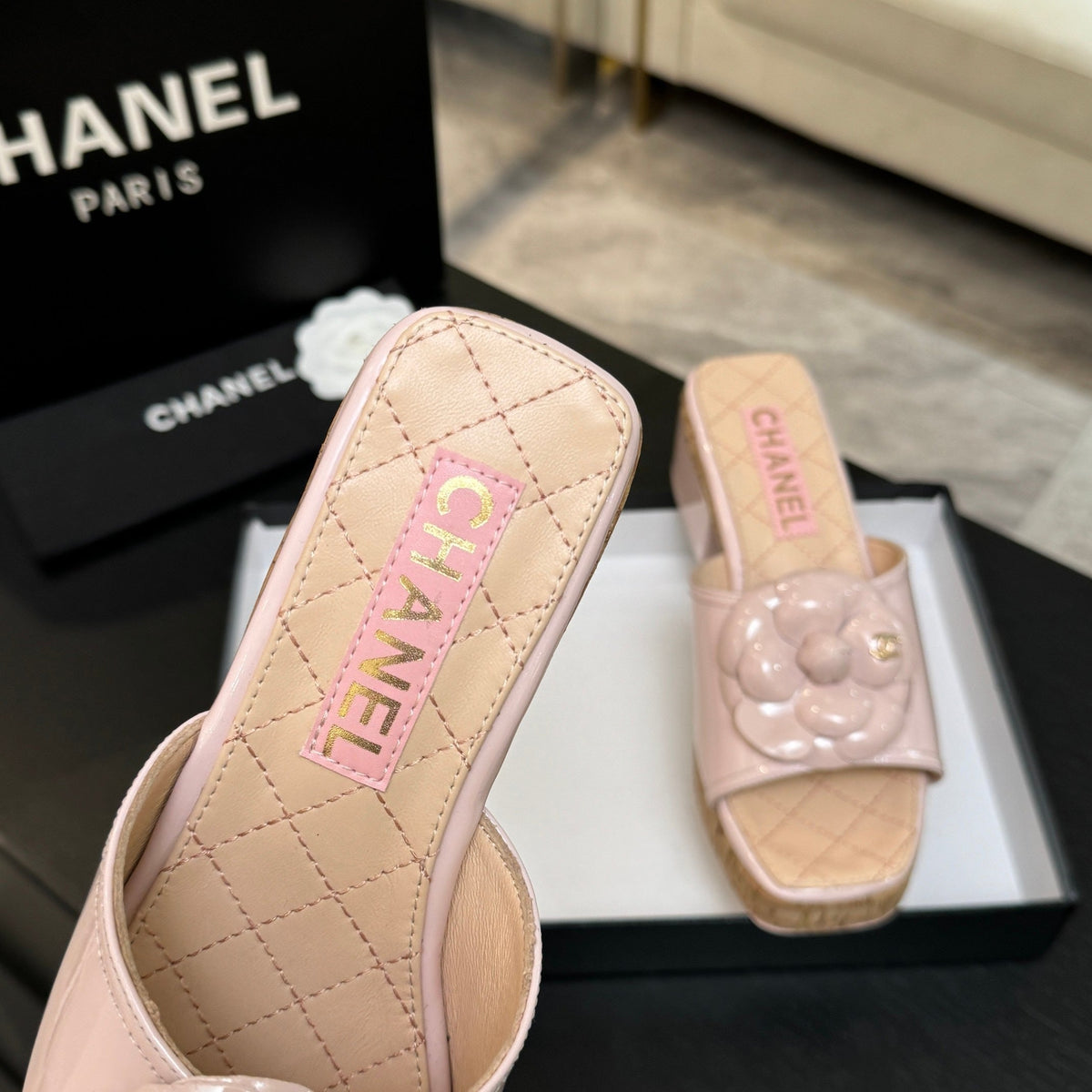 BLUSH QUILTED PLATFORM SLIDE SANDALS WITH CAMELLIA DETAIL