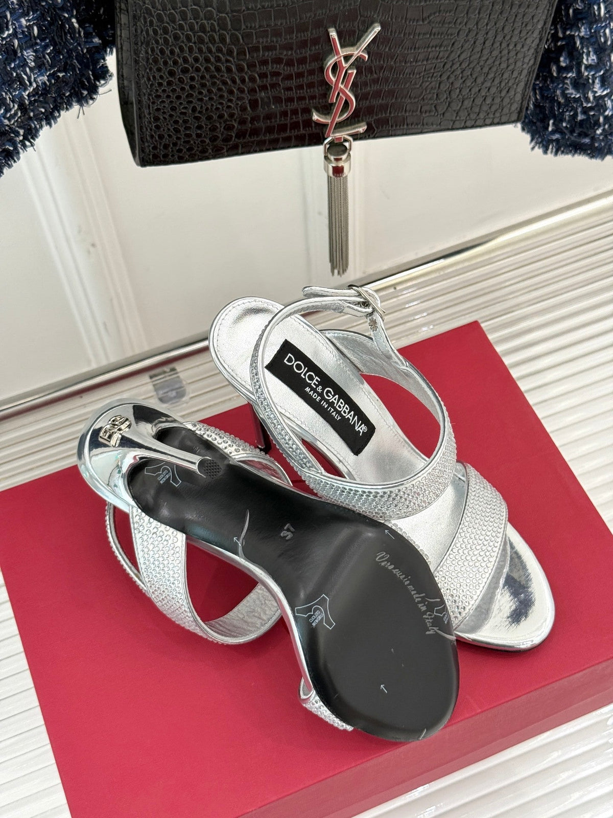 SILVER CRYSTAL-EMBELLISHED STRAPPY STILETTO HEELS