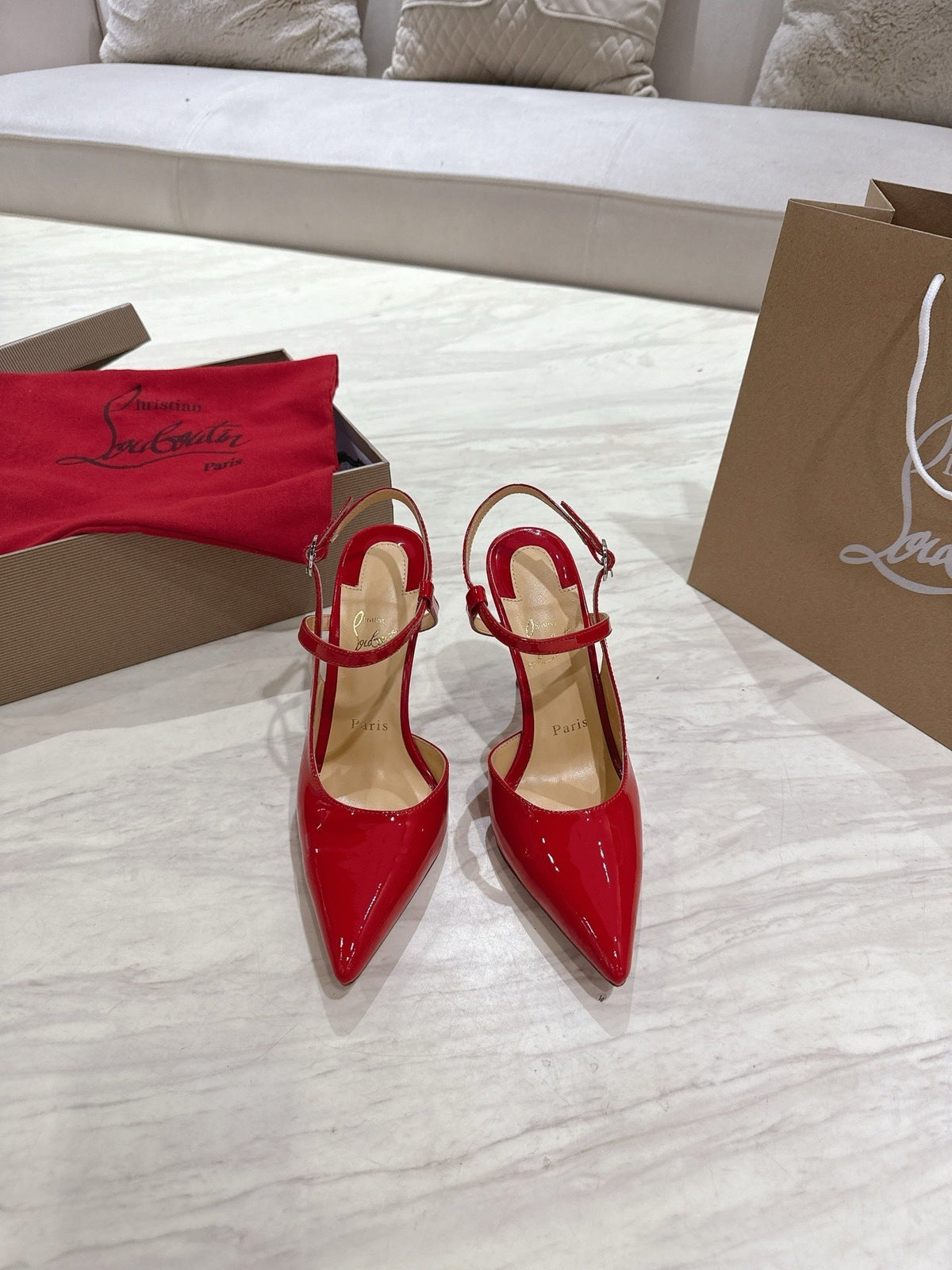 RED PATENT ANKLE-STRAP POINTED HEELS