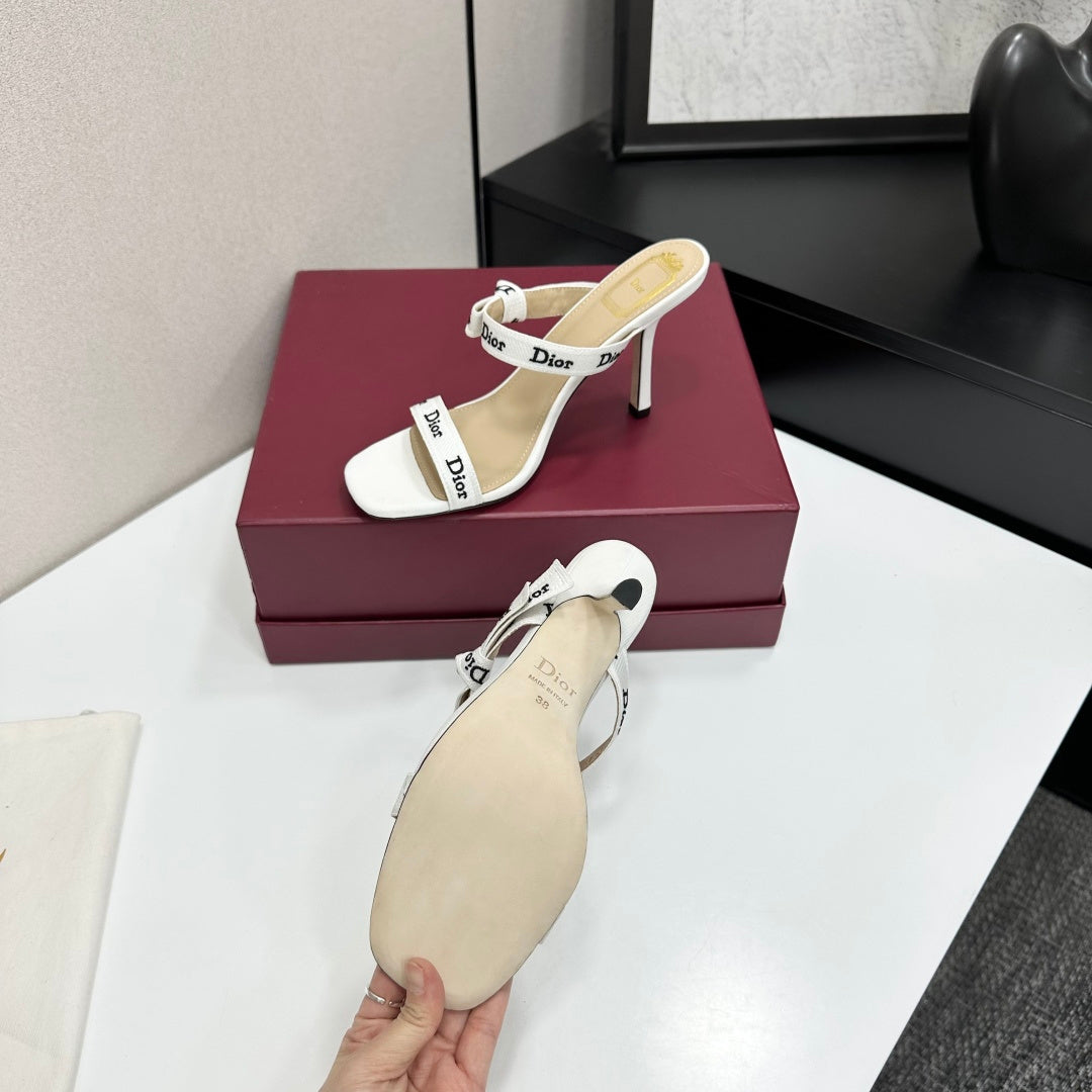 CRISP WHITE LOGO STRAP STILETTO SANDALS