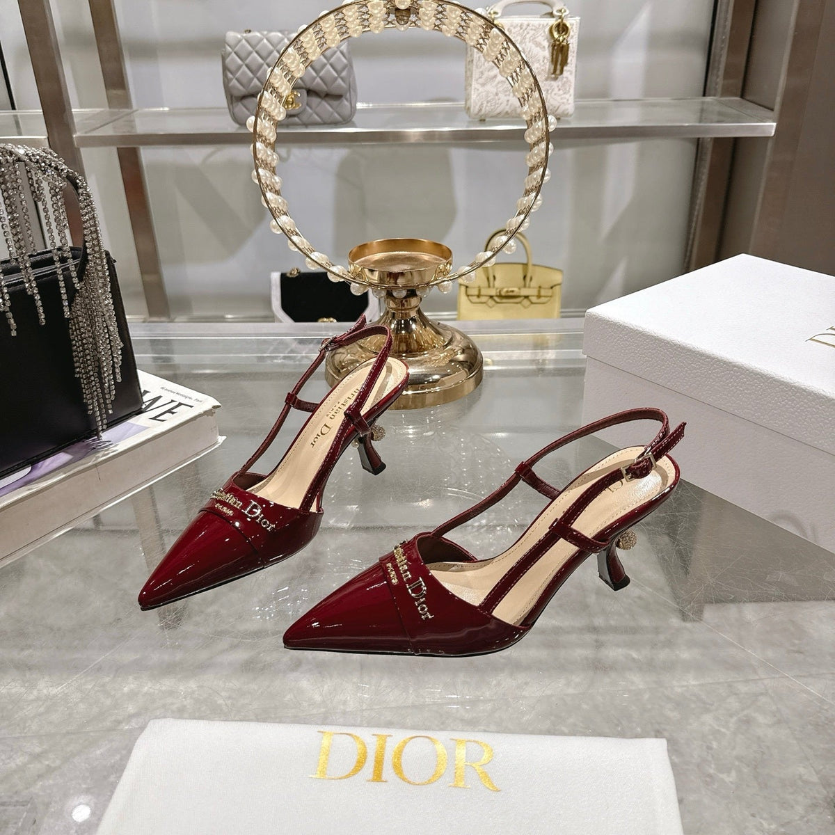PATENT SLINGBACK KITTEN HEELS – BURGUNDY