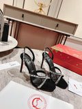 BLACK CRYSTAL-STRAP SANDAL HEELS