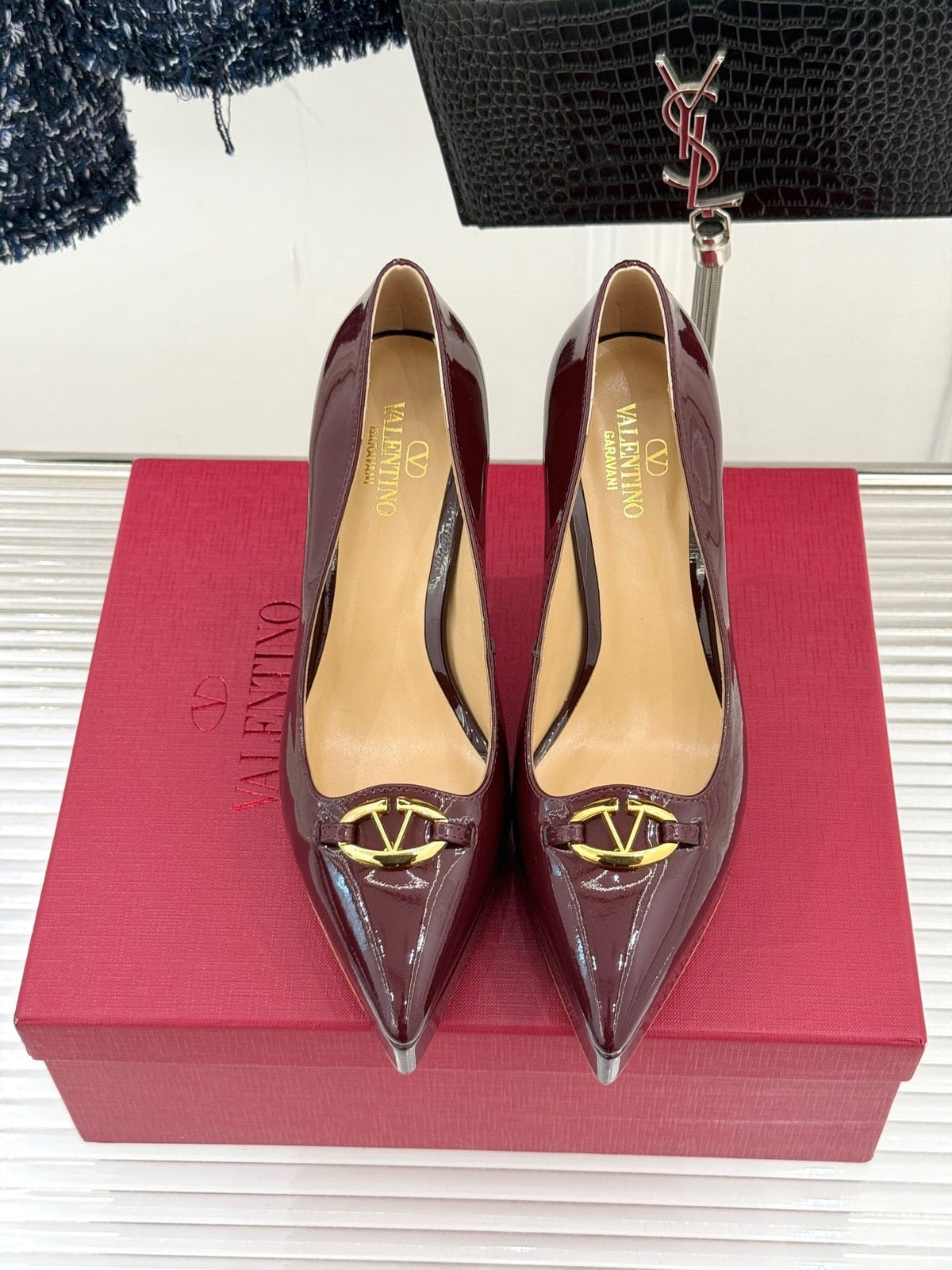 BURGUNDY PATENT PLATFORM STILETTO HEELS WITH GOLD DETAIL