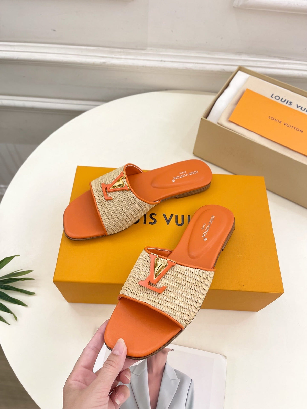 WOVEN STRAP MONOGRAM DETAIL SLIDE SANDALS – ORANGE