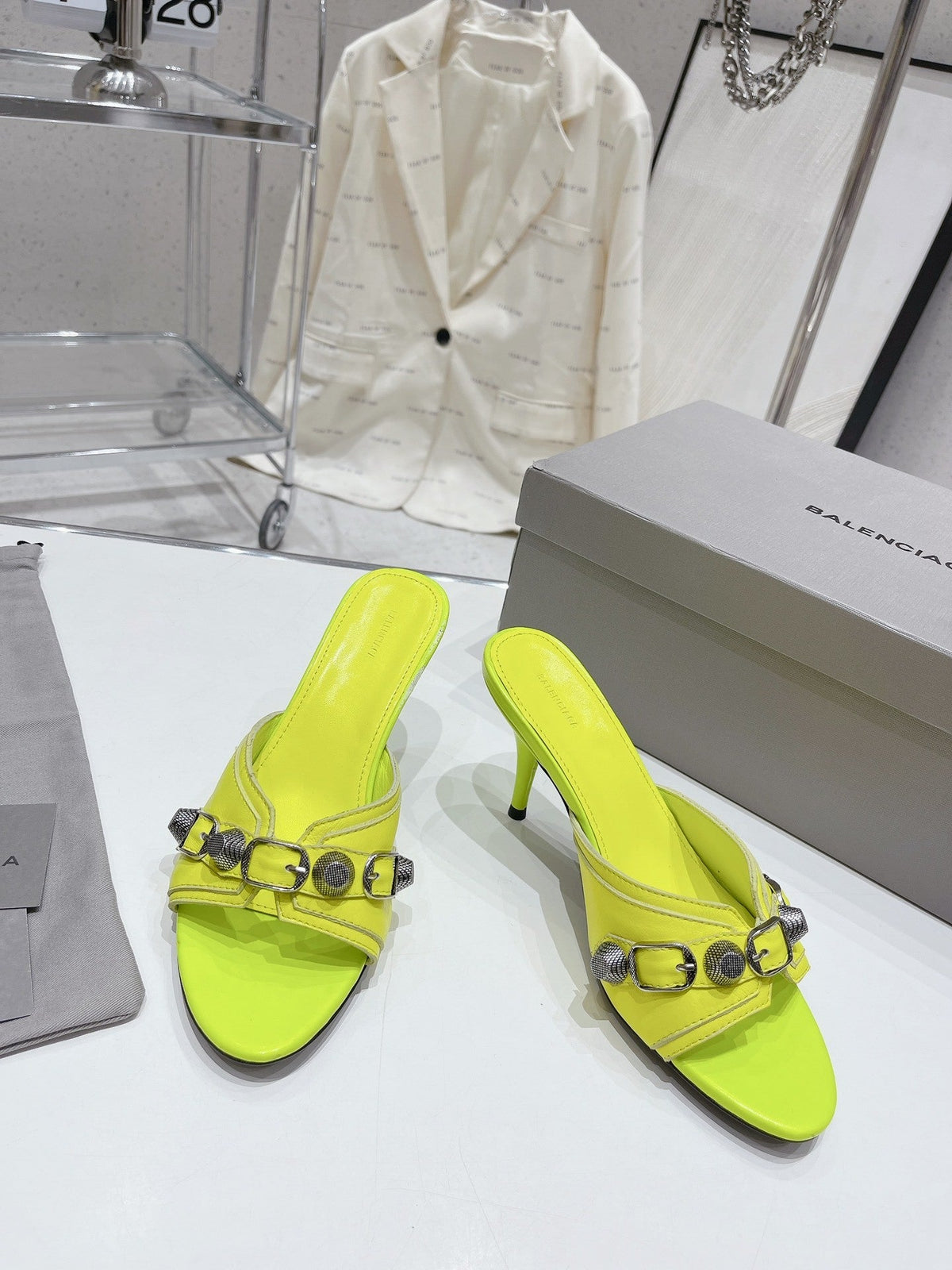 NEON GREEN EMBELLISHED MID HEEL MULE SANDALS