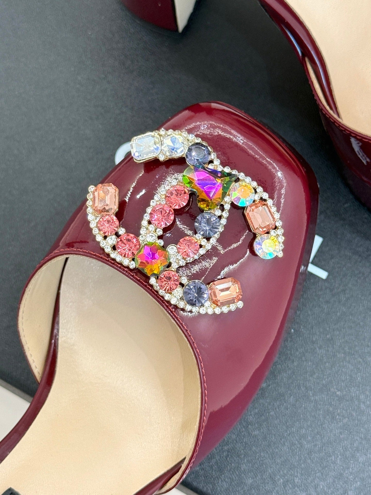 BURGUNDY PATENT PLATFORM CRYSTAL HEELS