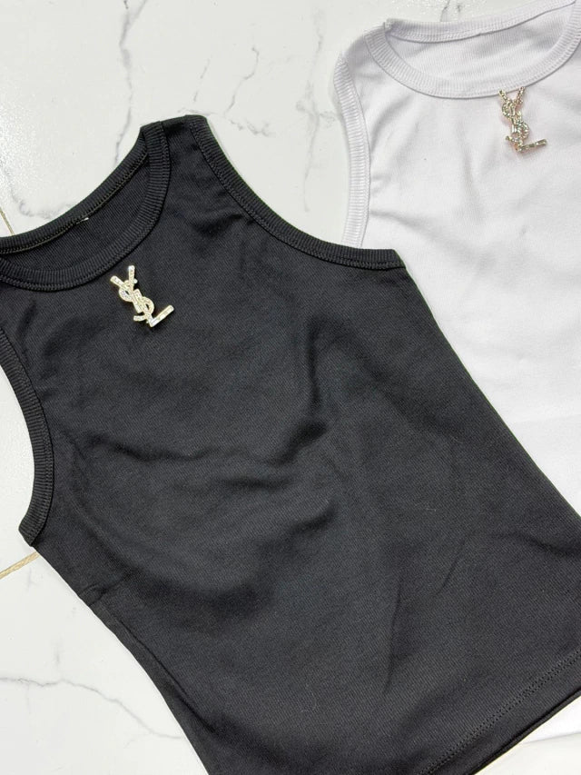 METALLIC LOGO FITTED RIBBED TANK TOP