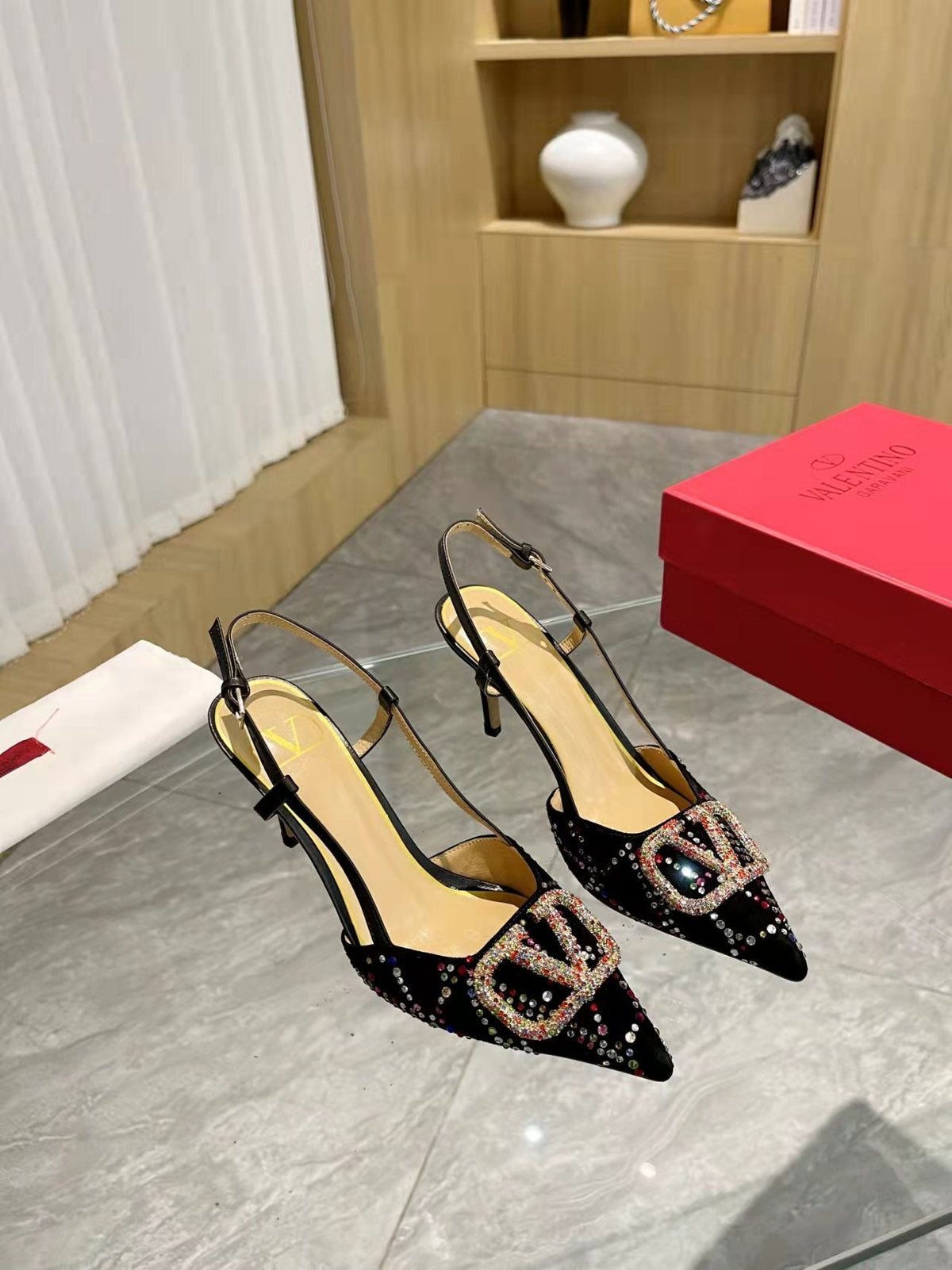 GLAM CRYSTAL EMBELLISHED SLINGBACK HEELS WITH SIGNATURE BUCKLE