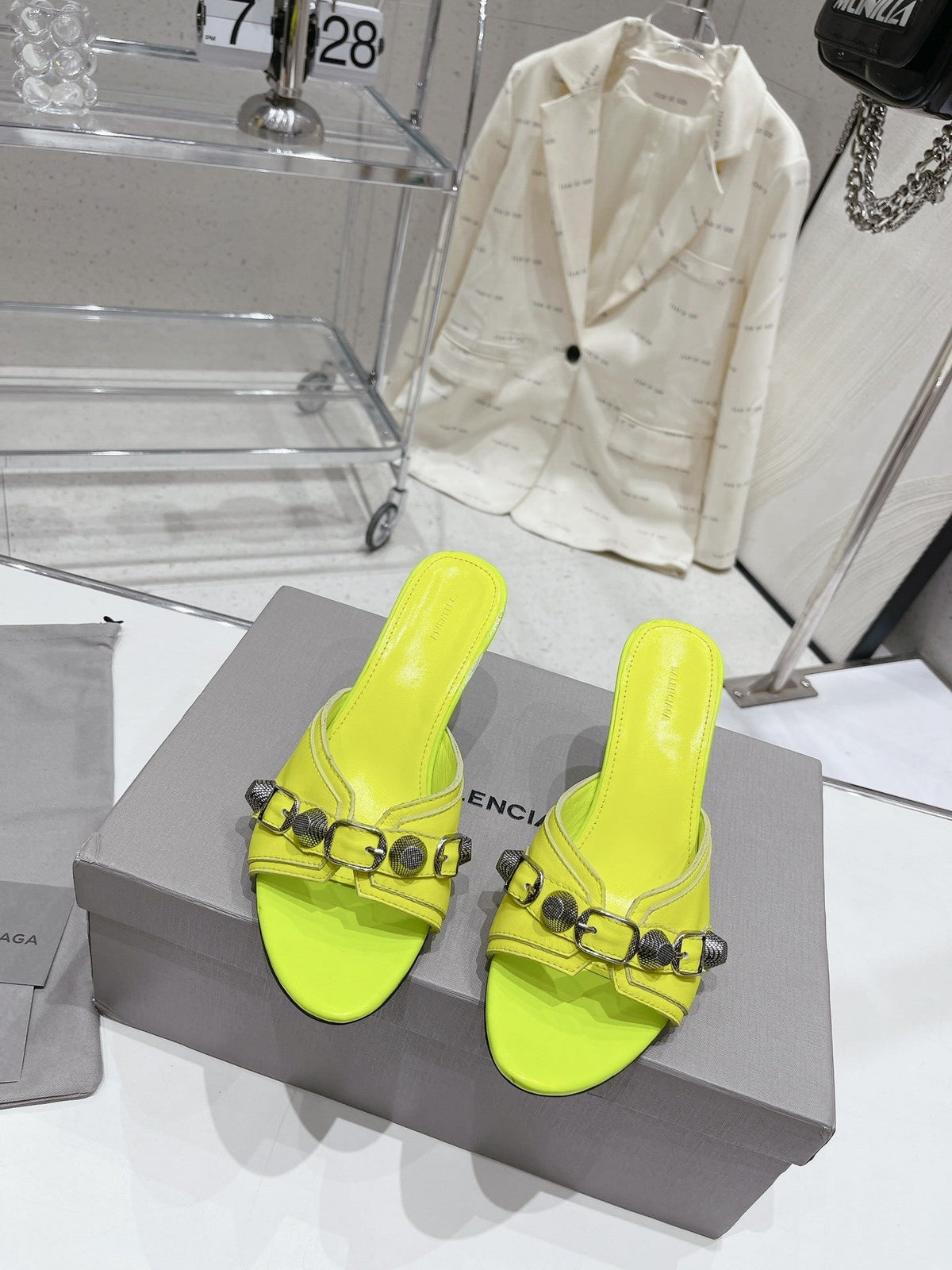 NEON GREEN EMBELLISHED MID HEEL MULE SANDALS