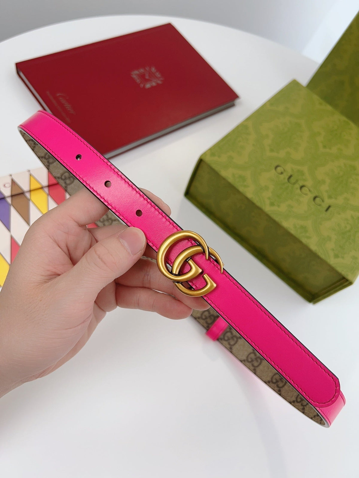 REVERSIBLE MONOGRAM BELT WITH PINK LEATHER AND GOLD DOUBLE RING BUCKLE
