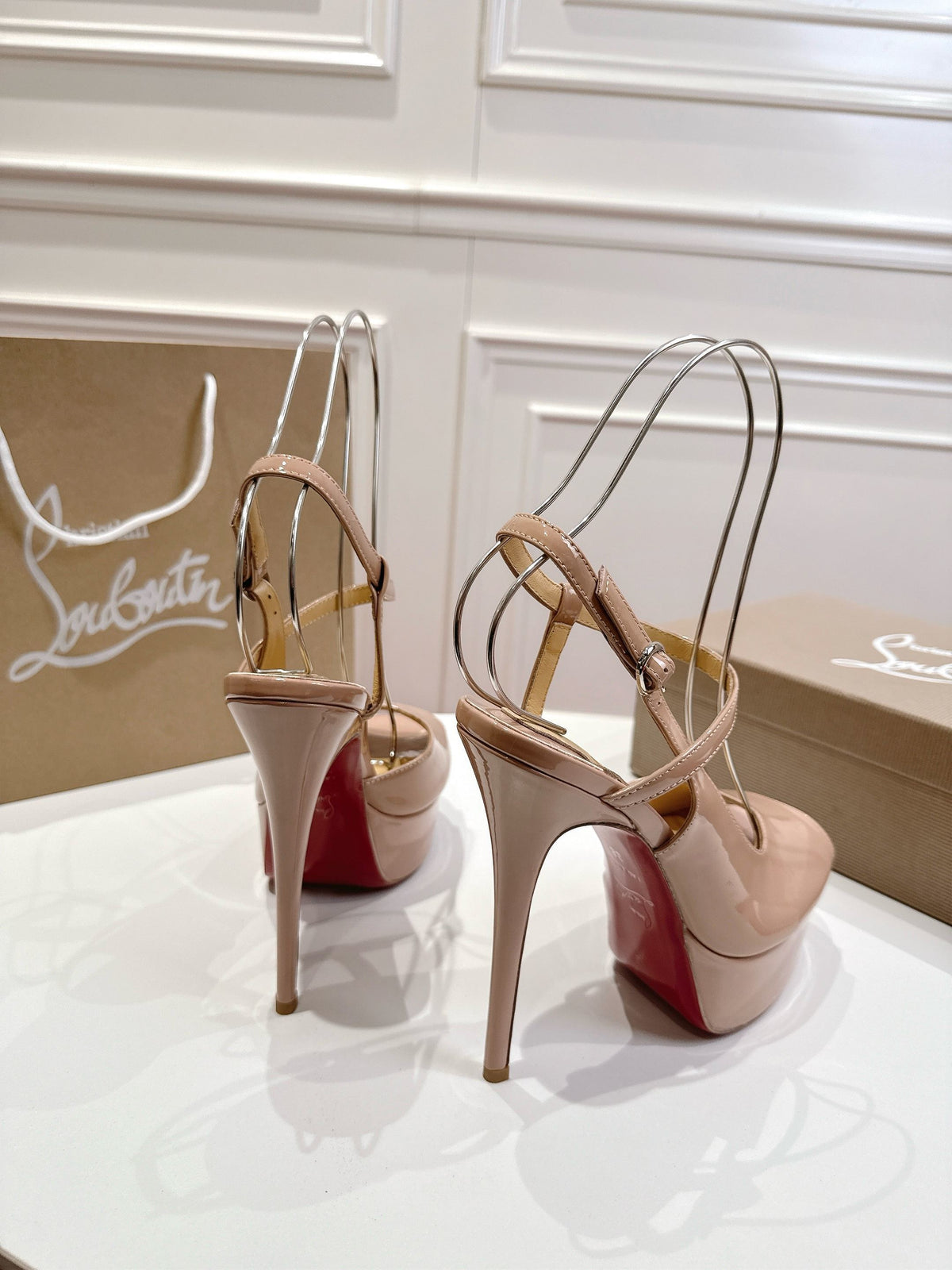 NUDE PATENT PLATFORM PEEP-TOE ANKLE STRAP HEELS