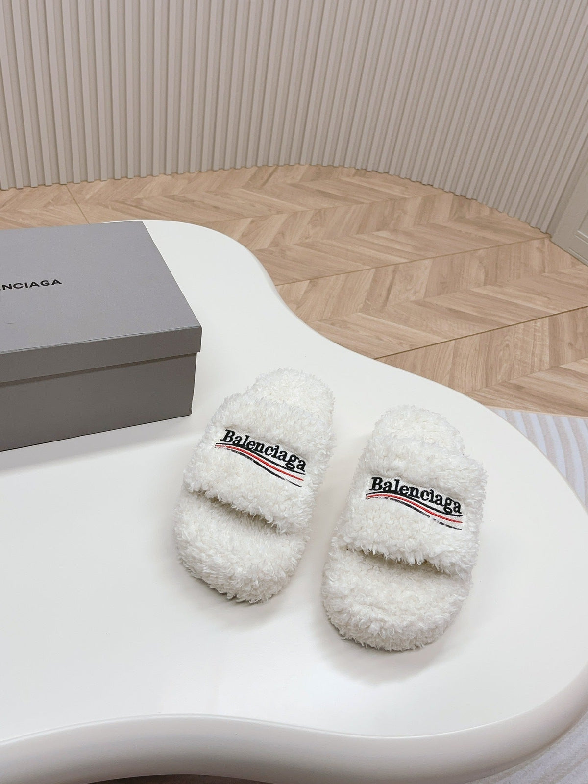 WHITE SHERPA LOGO PLATFORM SLIDE SANDALS