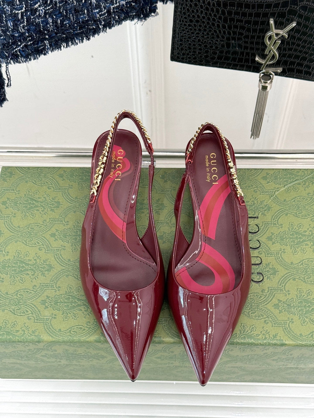 BURGUNDY PATENT CHAIN SLINGBACK HEELS