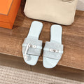 PASTEL BLUE SUEDE BUCKLE SLIDE SANDALS