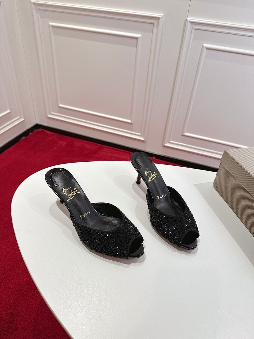 BLACK CRYSTAL OPEN-TOE MULE HEELS