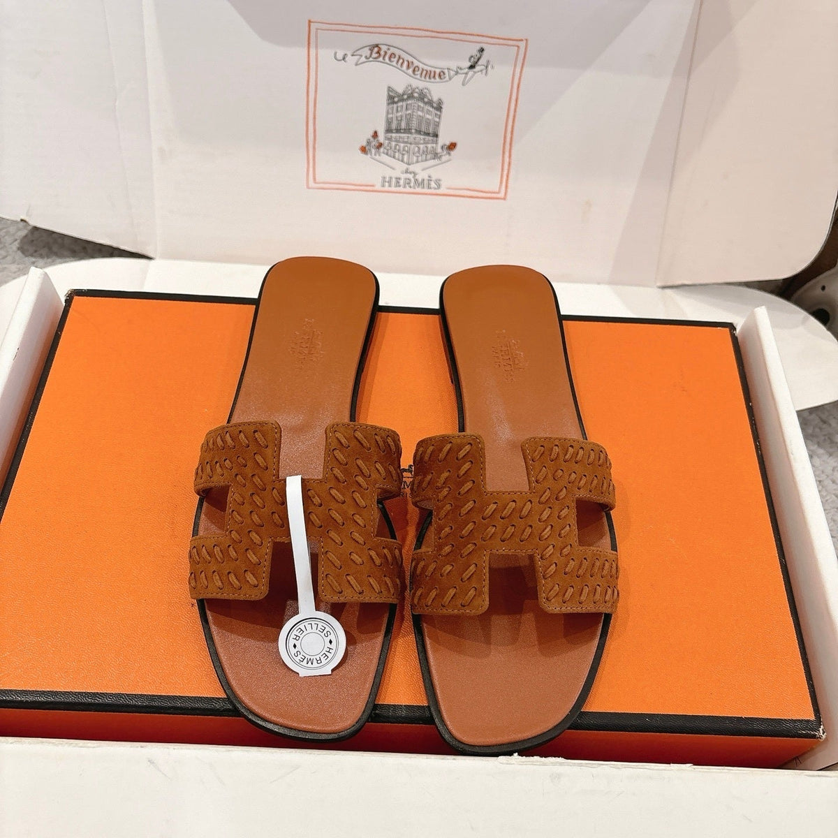 TAN SUEDE SLIDE SANDALS