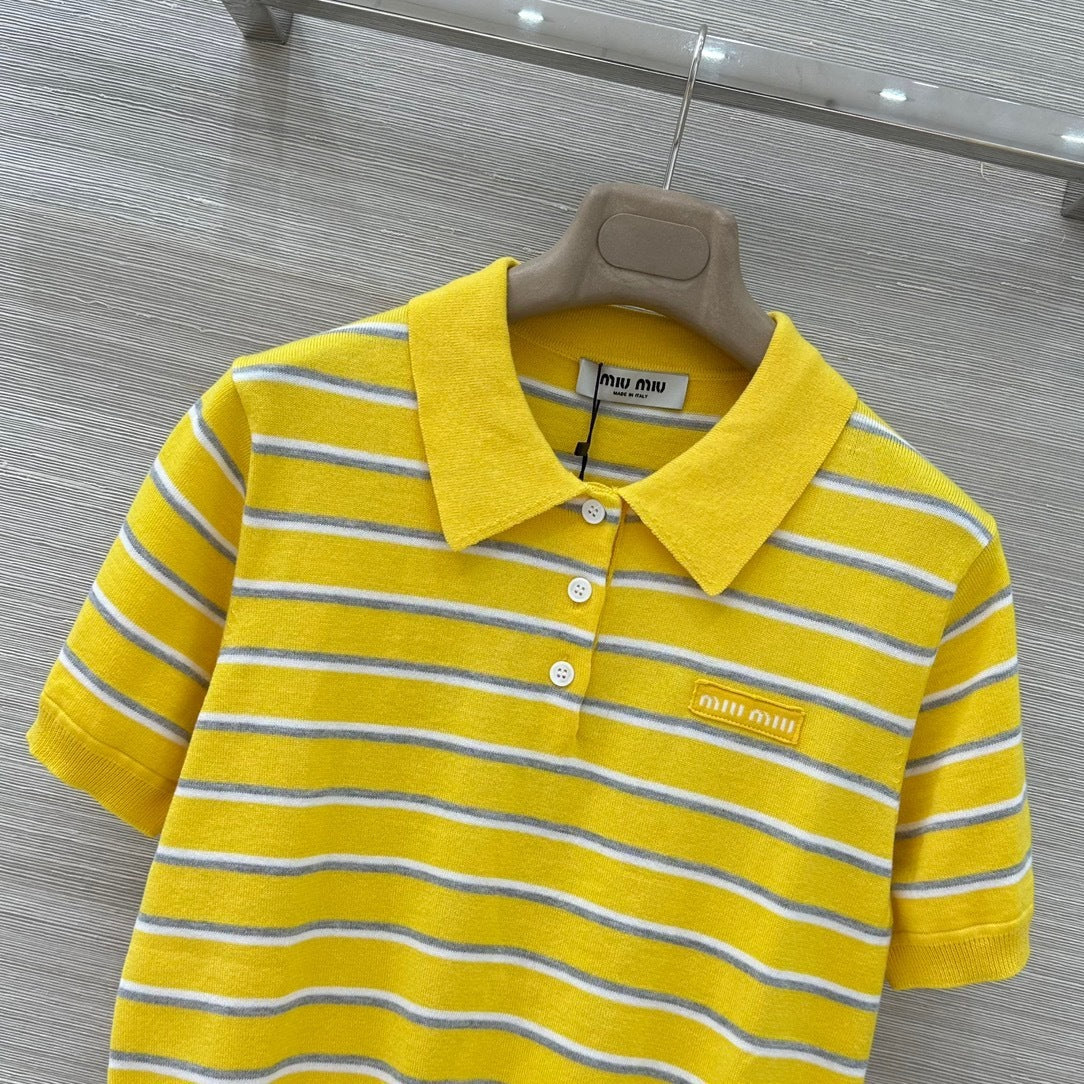 STRIPED KNIT POLO TOP