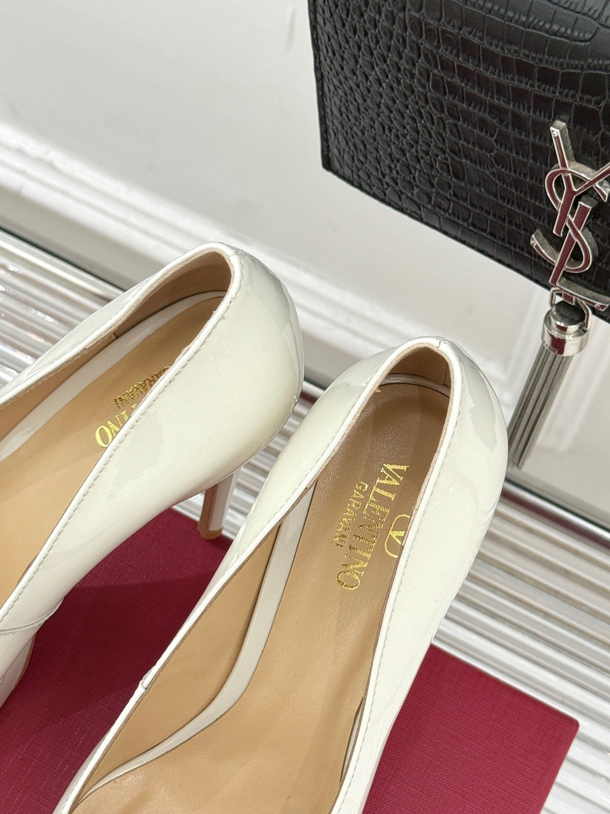 IVORY PATENT PLATFORM HEELS WITH GOLD ACCENT
