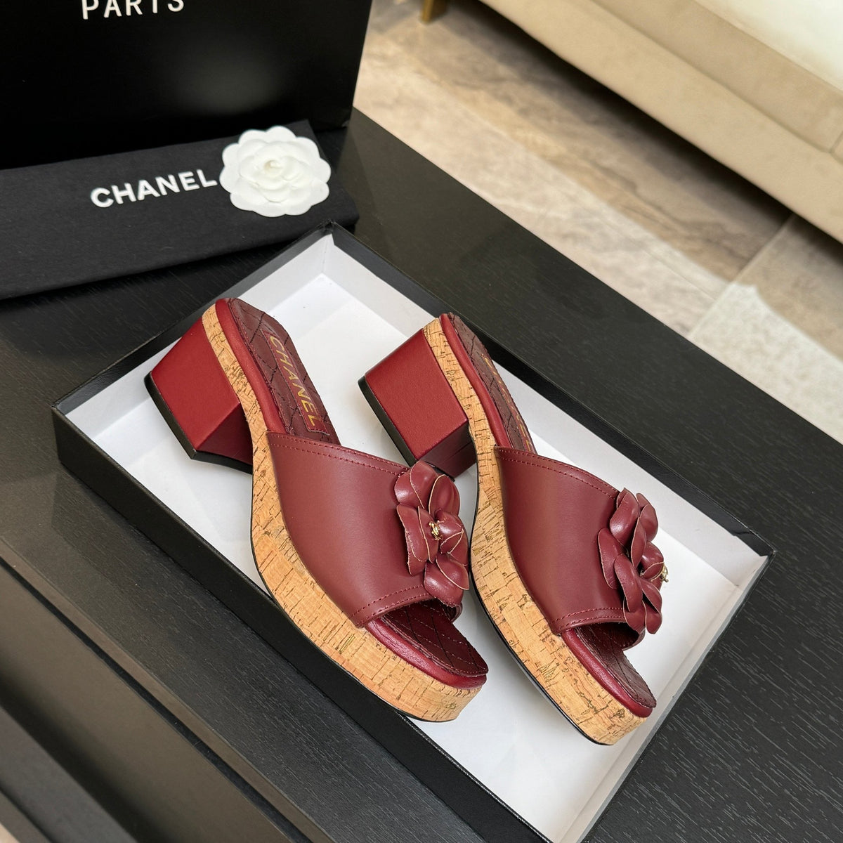 TERRACOTTA QUILTED PLATFORM SLIDE SANDALS WITH FLORAL DETAIL