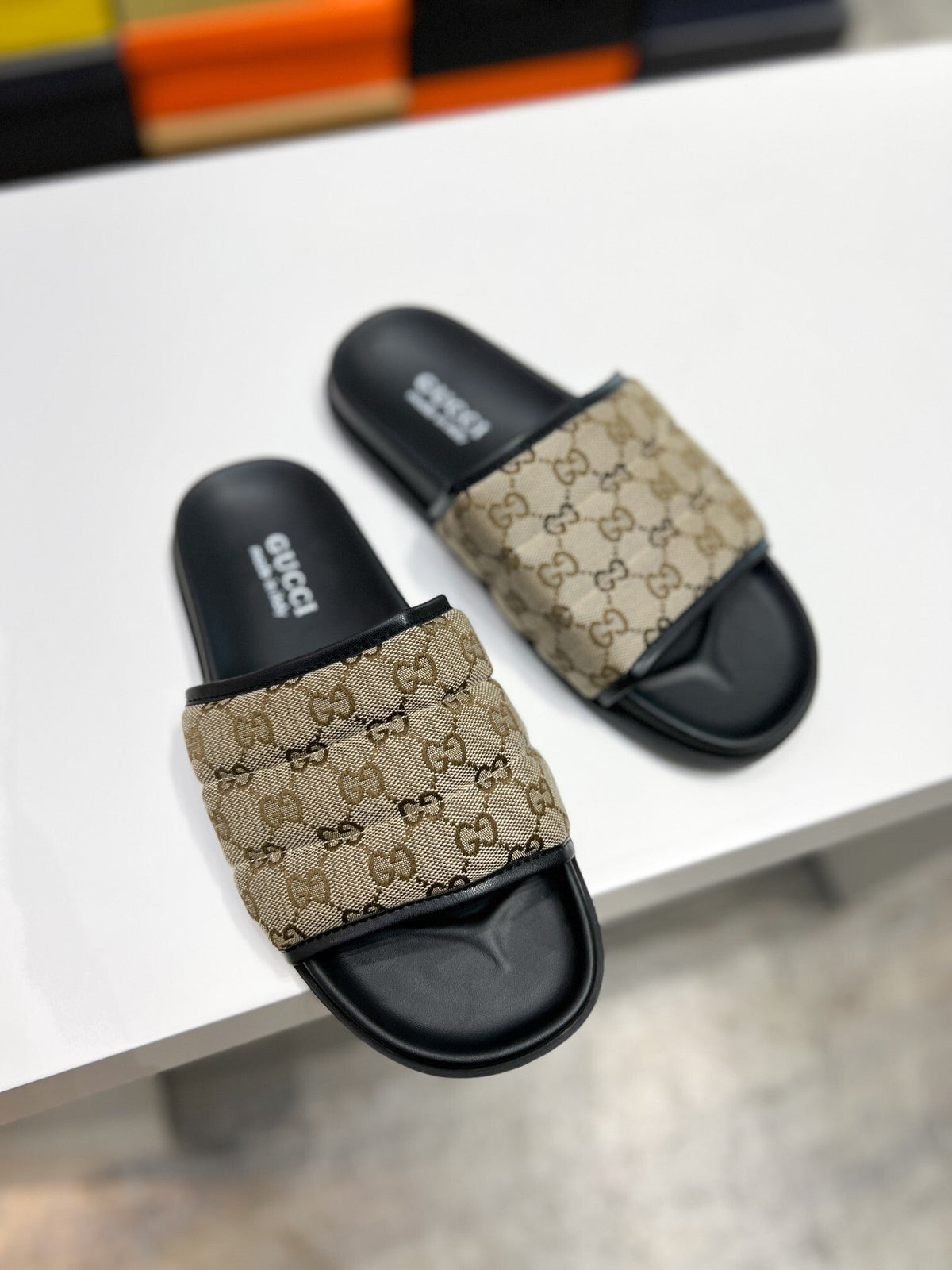 CLASSIC MONOGRAM PADDED SLIDE SANDALS – BEIGE