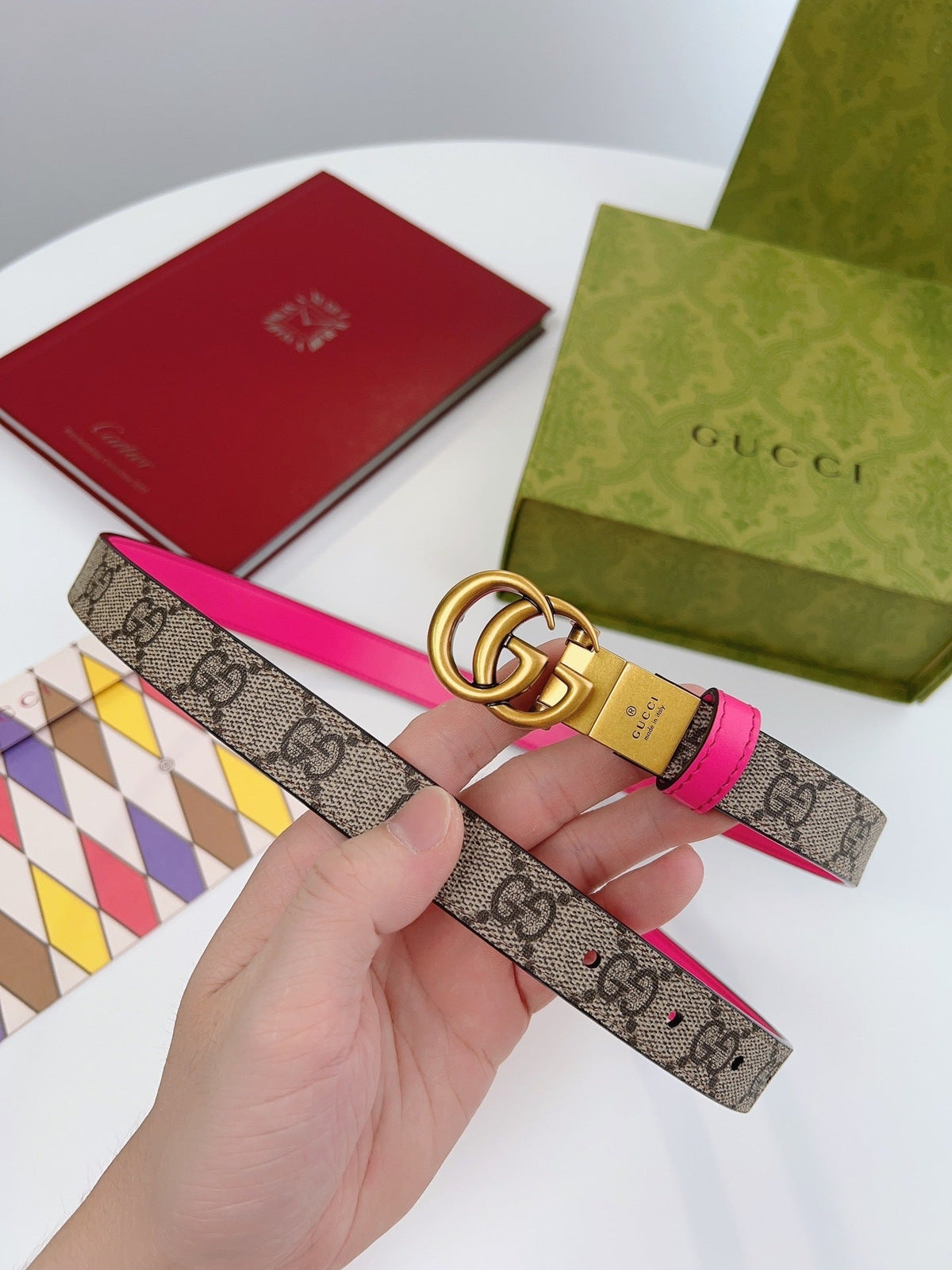 REVERSIBLE MONOGRAM BELT WITH PINK LEATHER AND GOLD DOUBLE RING BUCKLE