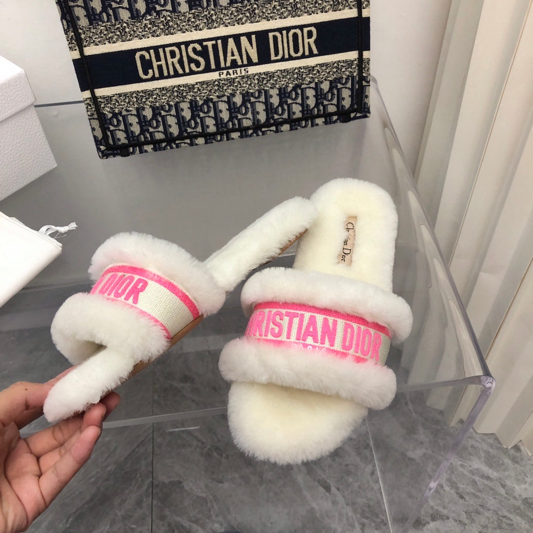FUR TRIM LOGO STRAP SLIDE SANDALS