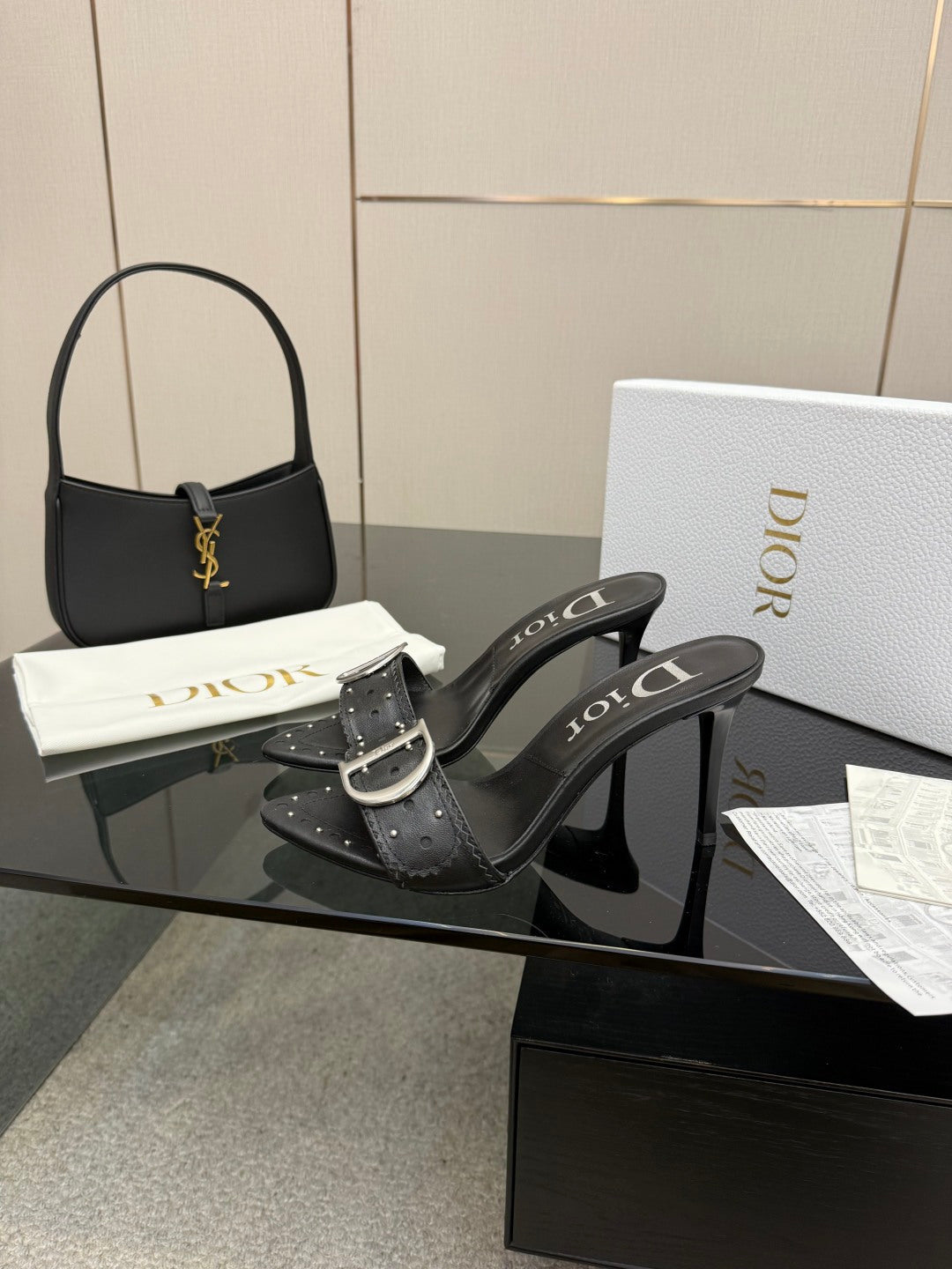 BLACK STUDDED LOGO MULE HEELS