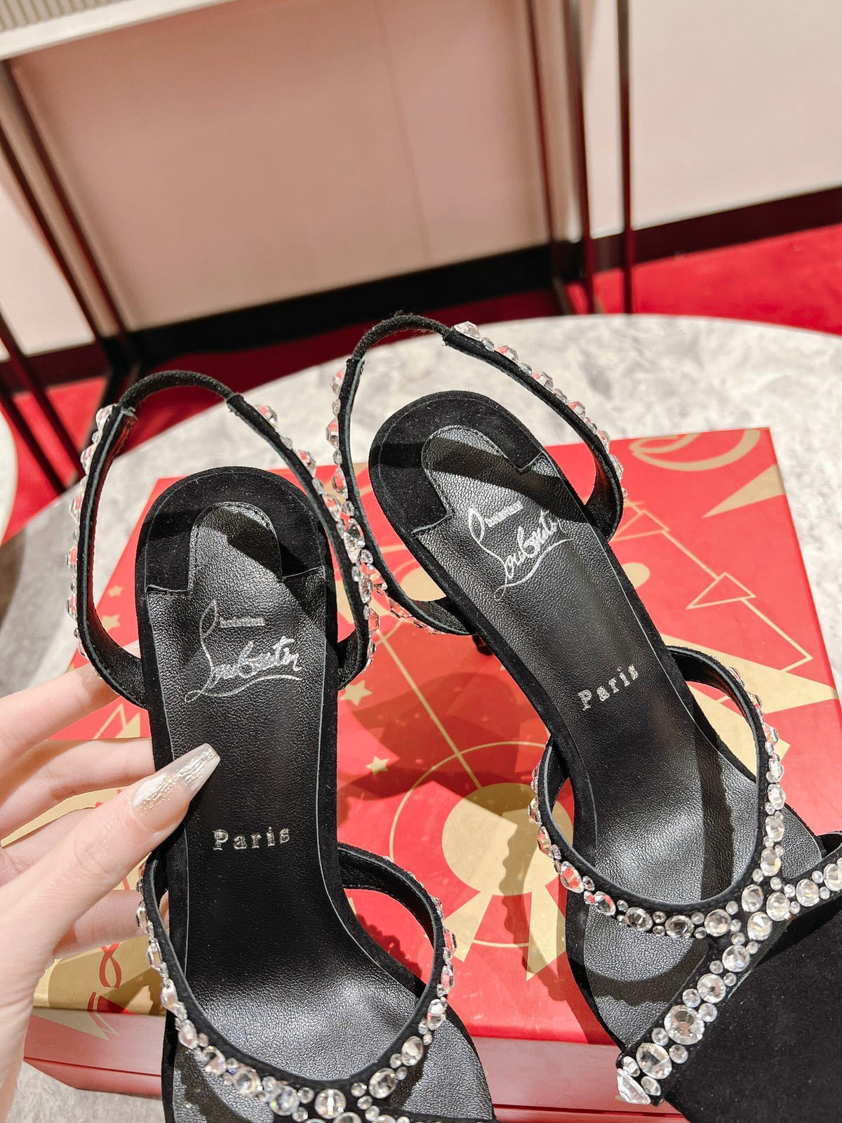 BLACK CRYSTAL-STRAP SANDAL HEELS