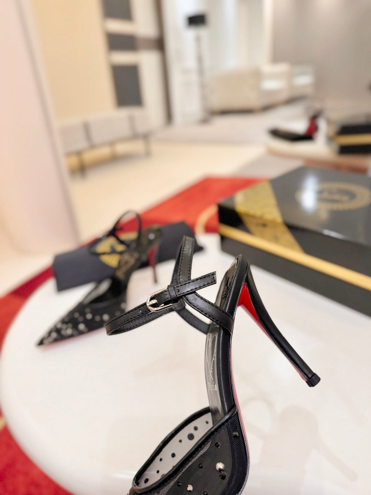 BLACK EMBELLISHED STRAP POINTED HEELS