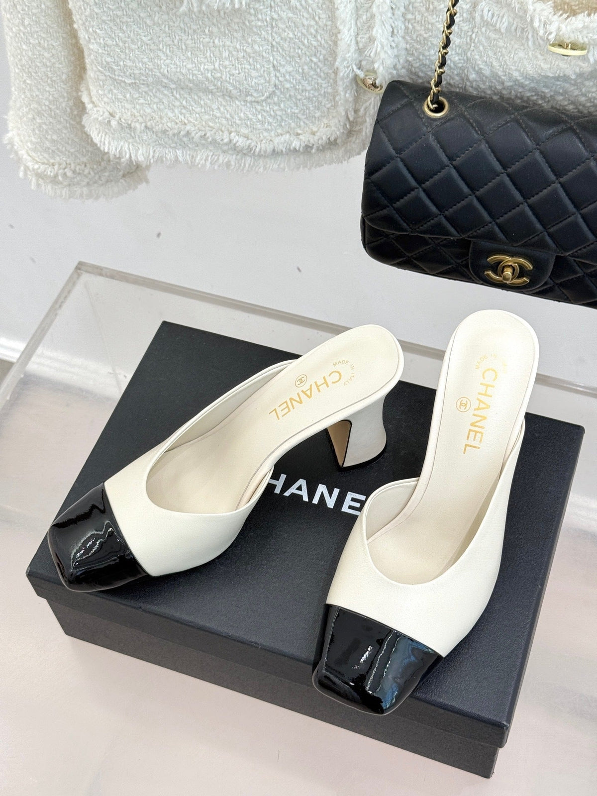 IVORY & BLACK TWO-TONE CAP-TOE MULE HEELS