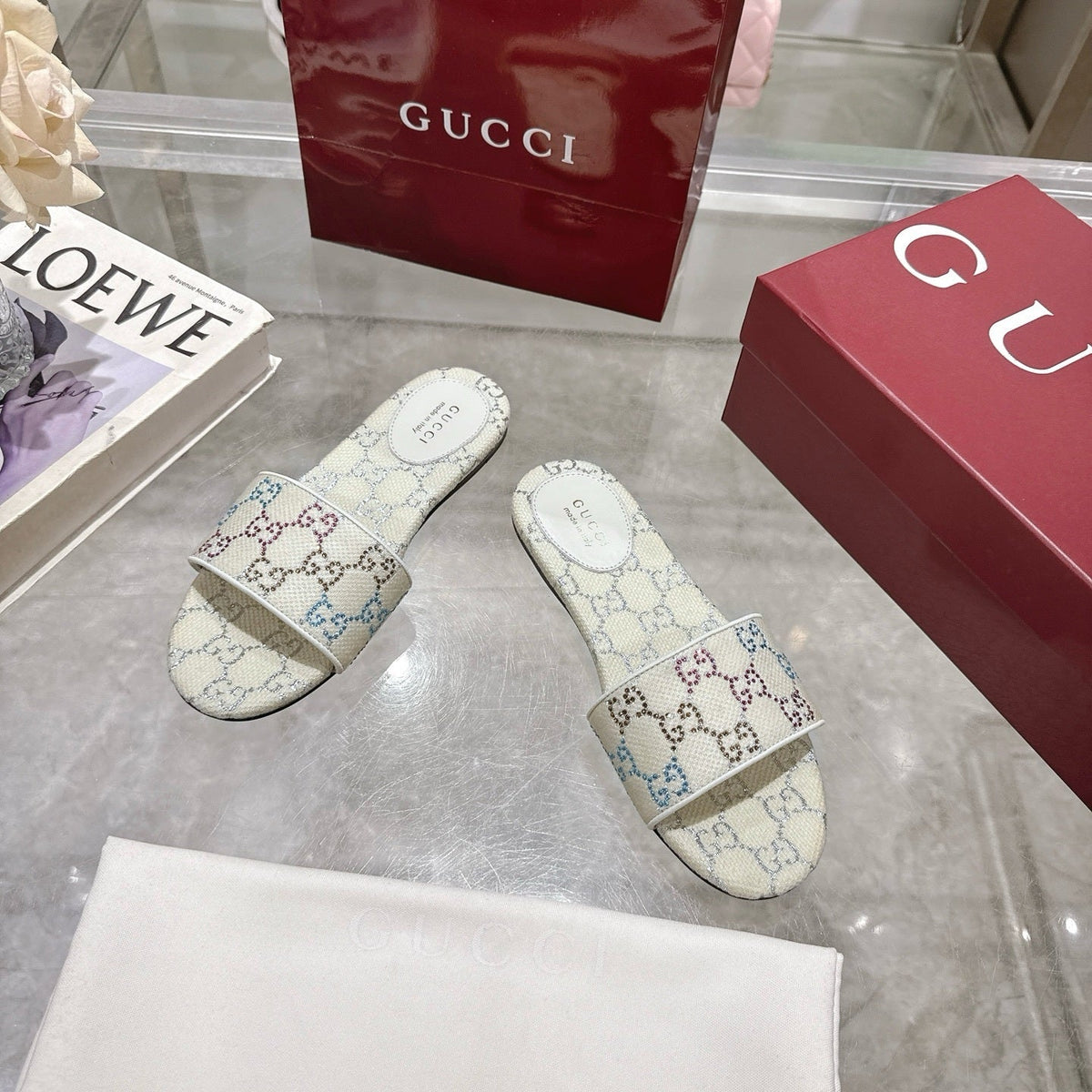WHITE MULTICOLOR PATTERN SLIDE SANDALS
